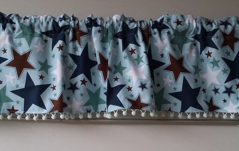 Blue Stars bedroom valance with minty pom trim, Fabric by the yard image 2