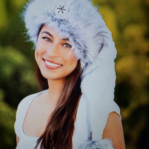 White Santa Hat with Gray Fox Faux Fur Trim, Silver Bell Option