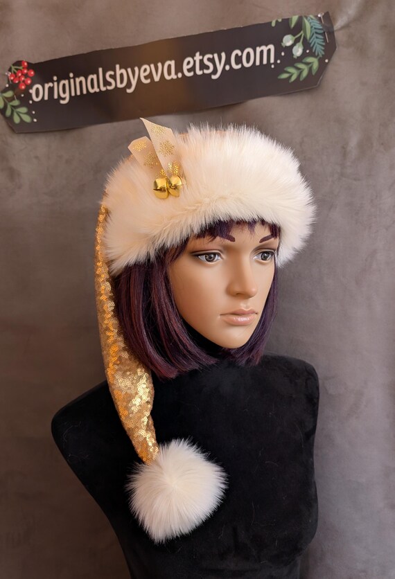 Festive Gold Sequin Santa Hat With Ivory Fur Trim and Bells  display picture 1