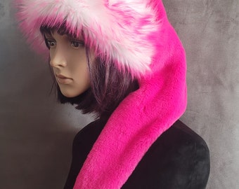 Gorro de Papá Noel de peluche rosa intenso con ribete rosa y blanco