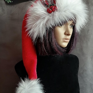 Red Santa Hat with Silver Faux Fox Trim and Bells Option