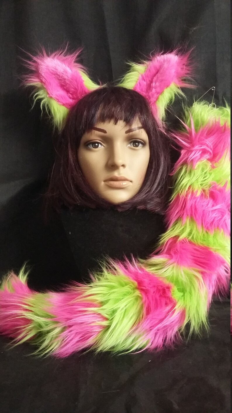Cheshire Cat ears and tail in Hot pink and Electric Lime image 2