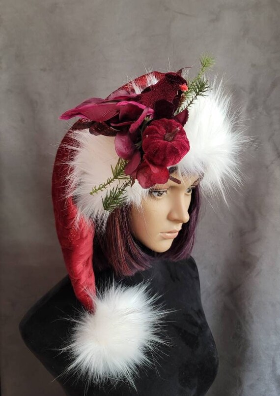 Burgundy Quilted Santa Hat With White Trim With Victorian Option
