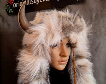 Horned Faux Fur Trapper Hat: Viking Buffalo Headdress, Ren Fair