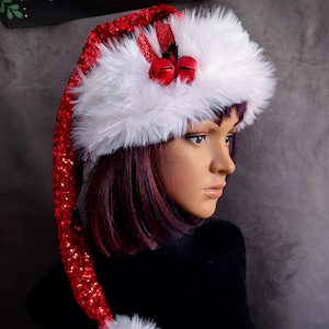 Red Sequin Santa Hat with Bells on Silver and White Trim