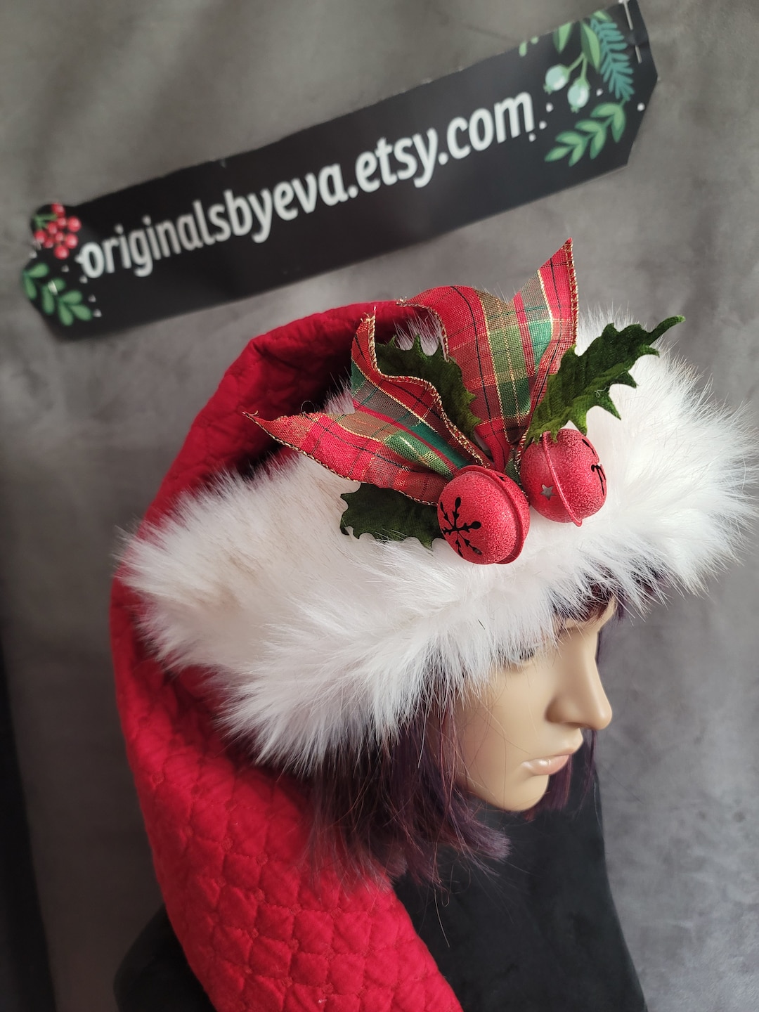Quilted Red Santa Hat: Extra Long Holiday Hat With Bells - Etsy