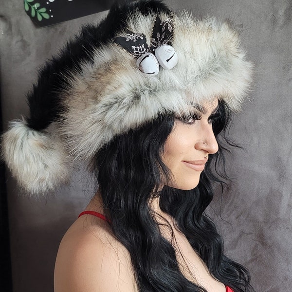 Black Santa Hat with Canadian Fox Faux Trim