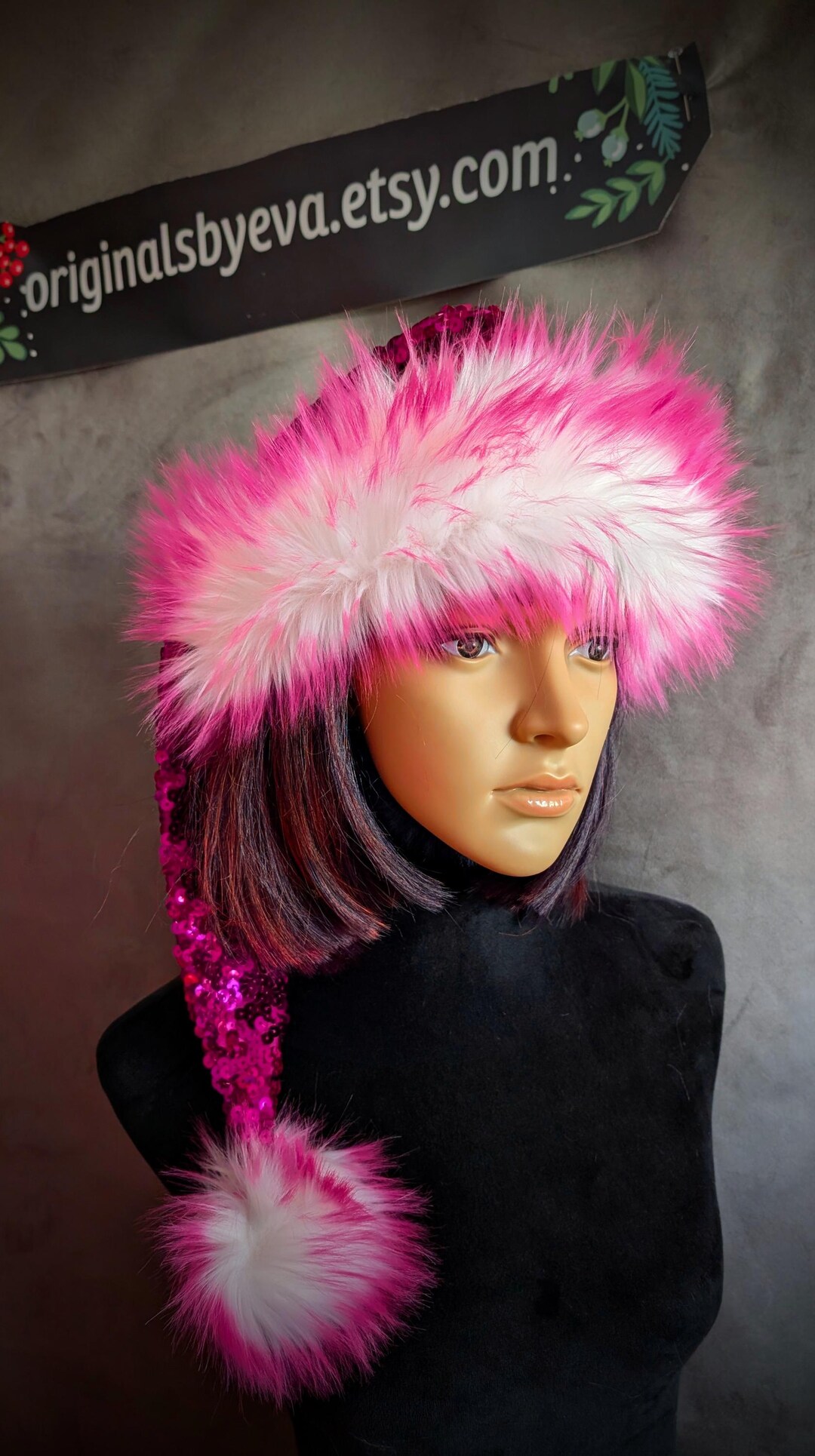 Hot Pink Sequin Santa Hat: Faux Fur Trim, Bell Options