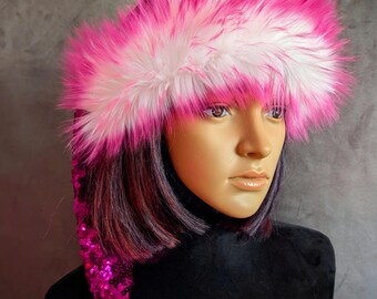 Hot Pink Sequin Santa Hat: Faux Fur Trim, Bell Options