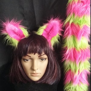 Cheshire Cat ears and tail in Hot pink and Electric Lime image 1