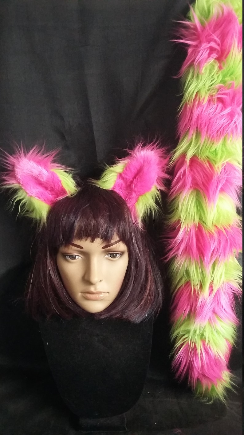 Cheshire Cat ears and tail in Hot pink and Electric Lime image 1