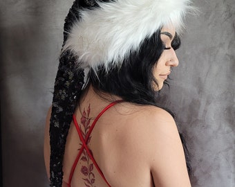Black Sequin Santa Hat with White Fox Trim