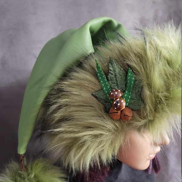 Green Leather Forest Nymph Santa Hat with Rustic Bells