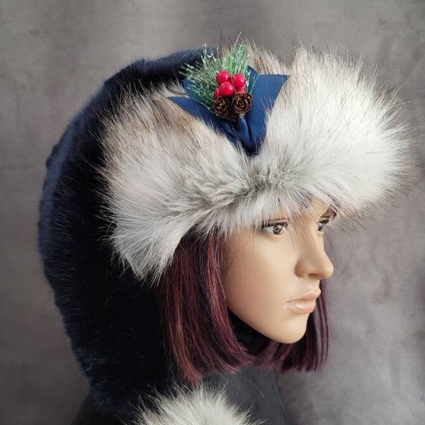 Midnight Blue Tissavel Fur Santa hat with Arctic Fox Trim