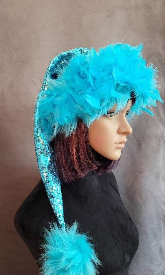 Festive Aqua Blue Sequin Santa Hat With Elegant Feather Trim  display picture 2