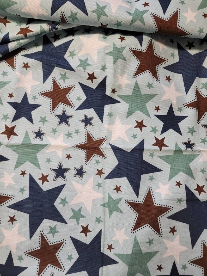 Blue Stars bedroom valance with minty pom trim, Fabric by the yard image 3