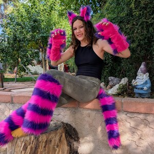 Cheshire Cat Pink & Purple Striped Faux Fur Ears + Tail Set – 10", 15", Or 30" Tails, Unisex