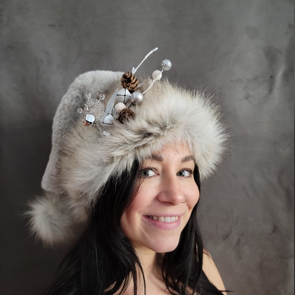 LAST HATS!! Arctic Fox Faux Fur Santa hat with Pine Cone trim