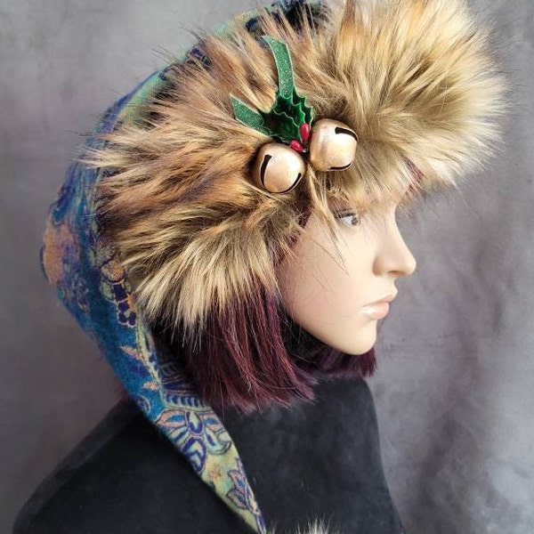 Green and Blue Paisley Yak Wool Santa Hat with Faux Wolf Fur Trim