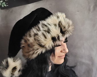 Black Santa Hat with Faux Leopard Trim and Gold Bells