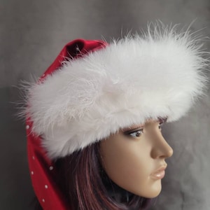 Red Sparkly Velvet Santa Hat with Maribou Fluff Trim