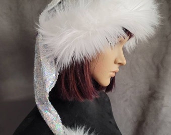 Holographic Silver Sequin Santa Hat with Feather Trim