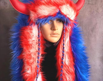 Blue Buffalo Headdress With Red Horns- Buffalo Bills Trapper Hat