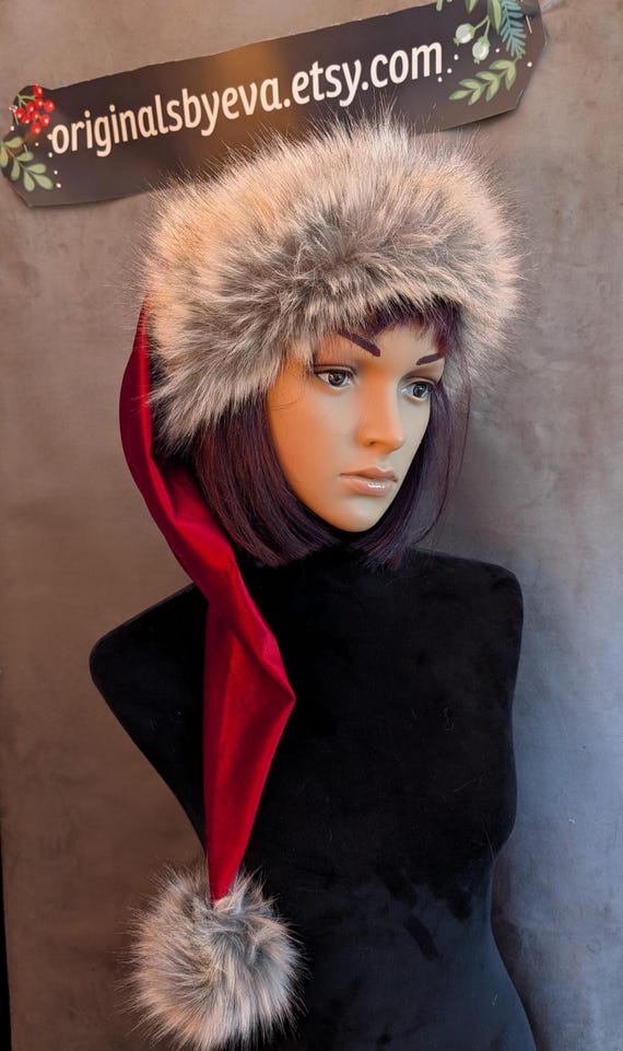 Christmas Chronicles Crimson Red Velvet Santa Hat With Gray Trim