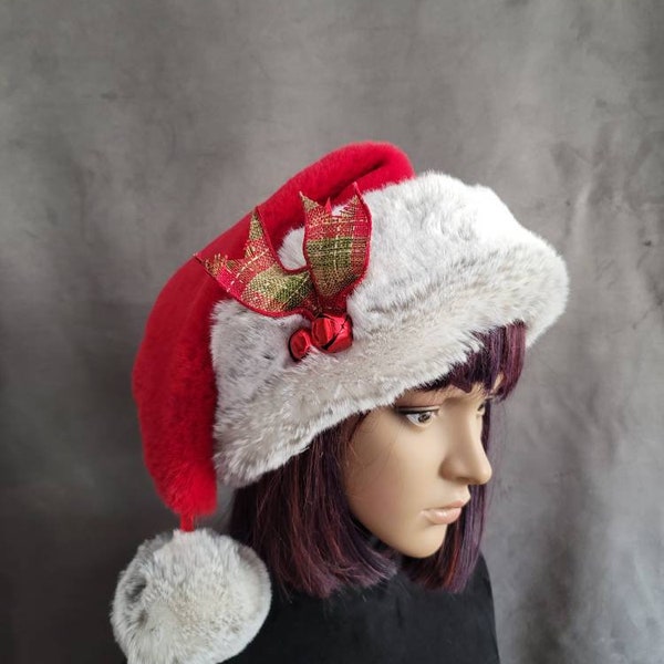 Deep Red Fur Hat with Gray and White Tissavel Trim