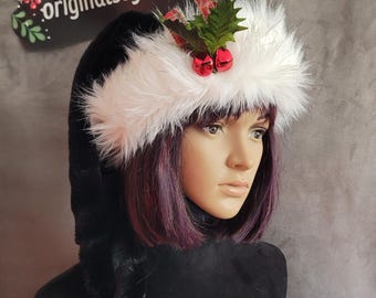 Plush Black Santa Hat: Faux Fur Trim, Bells & Holly Option