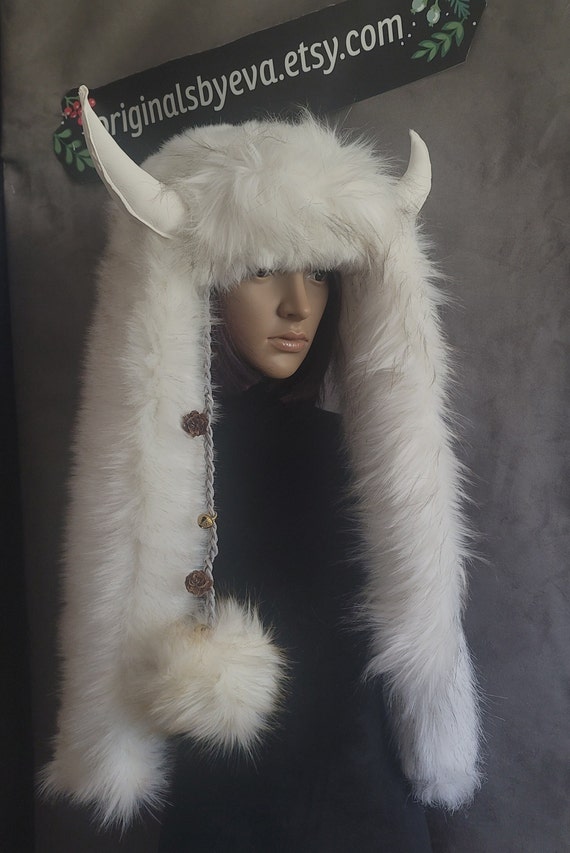 White Faux Fur Trapper Hat With Leather Horns - Etsy display picture 2