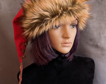 Handmade Red Leather Viking Style Santa Hat with all Faux Fur