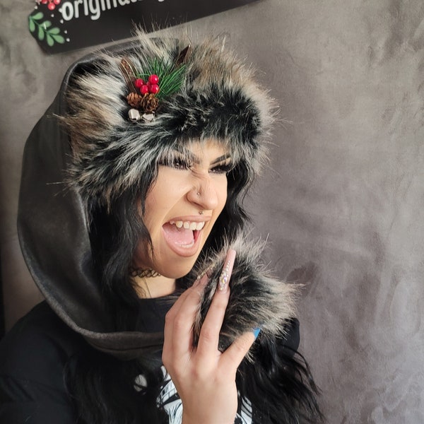 Distressed black leather Santa hat with Bells and Pine Option and Faux Fur Trim