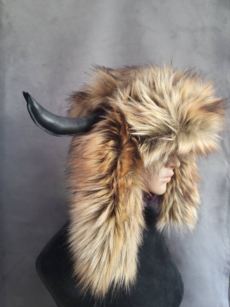 Bison Furry Hat With Horns Bison Hat Plush Earflap Hat With Horns