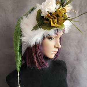 Mossy Green Velvet Victorian Santa Hat with Tassel Pom