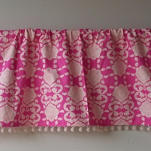 Pink valance with ivory pom trim, Pink Pagoda Lullaby Fabric Yardage