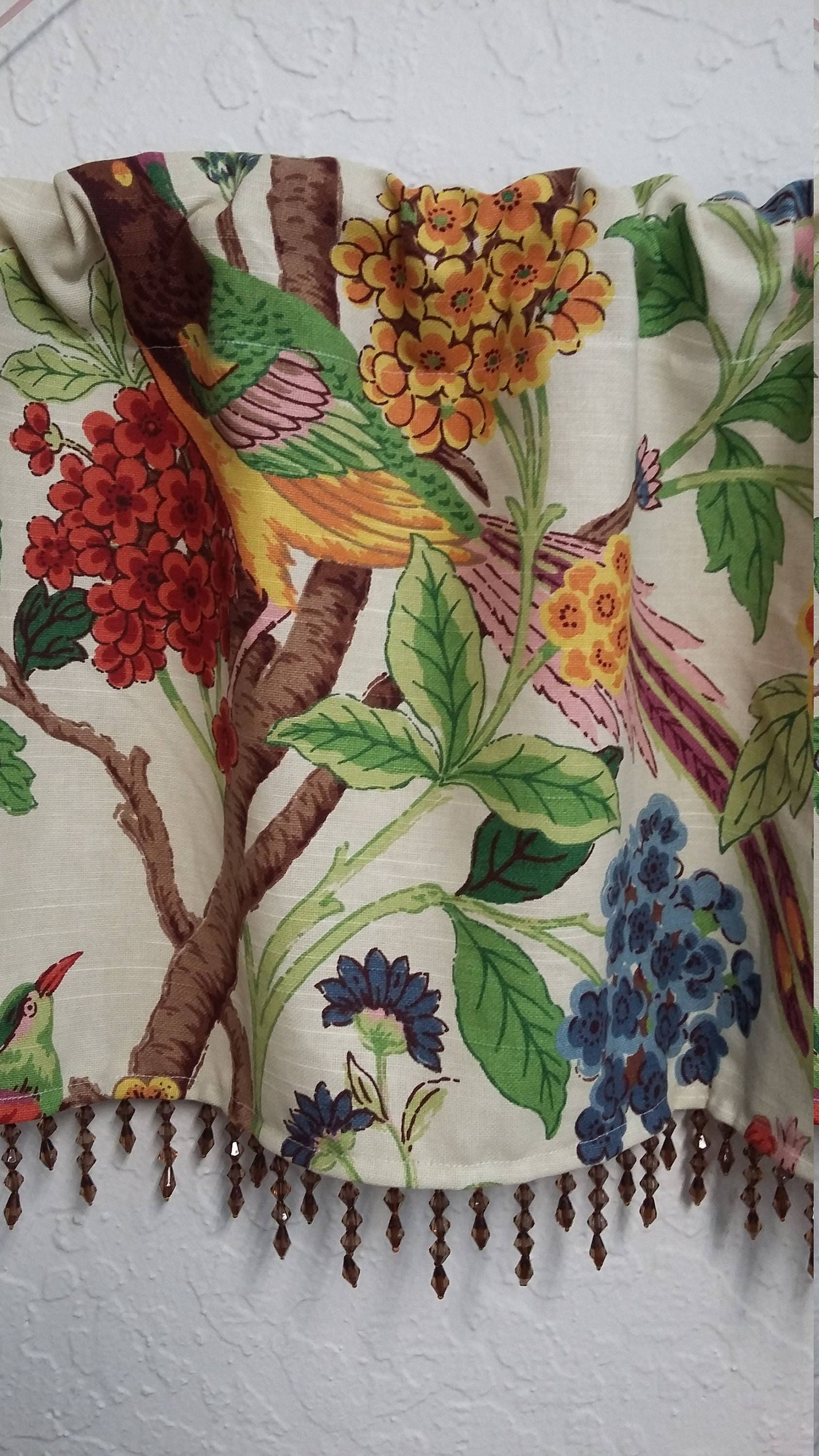 Botanical valance with brown beaded trim Etsy