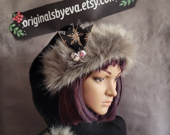 Black Santa hat with Luxury Gray Trim and Option for Bells