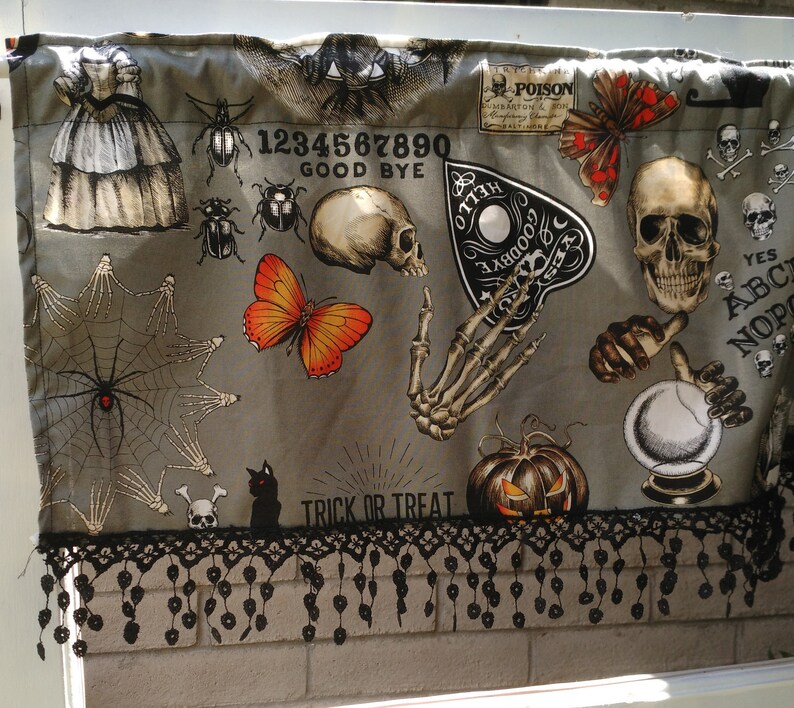 Gray skulls Valance with black lace trim