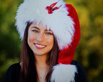 Festive Red Santa Hat with Elegant White Trim and Charcoal Dusted Tips in all Faux Fur