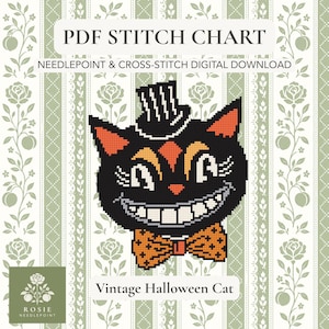 May include: A PDF stitch chart for needlepoint and cross-stitch featuring a black cat wearing a top hat and orange bow tie. The cat has a wide, toothy grin and orange accents. The text reads PDF STITCH CHART, NEEDLEPOINT & CROSS-STITCH DIGITAL DOWNLOAD, and Vintage Halloween Cat.