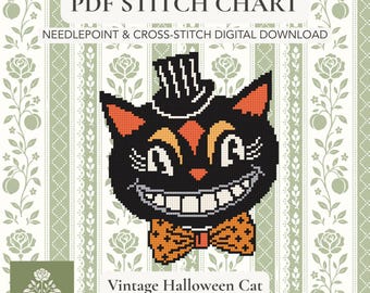 May include: A PDF stitch chart for needlepoint and cross-stitch featuring a black cat wearing a top hat and orange bow tie. The cat has a wide, toothy grin and orange accents. The text reads PDF STITCH CHART, NEEDLEPOINT & CROSS-STITCH DIGITAL DOWNLOAD, and Vintage Halloween Cat.
