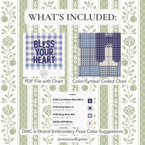 May include: A digital cross-stitch pattern kit titled Bless Your Heart, featuring a blue gingham background. Includes a PDF file with a color and symbol-coded chart, and a list of four DMC 6-strand embroidery floss color suggestions in shades of blue and off-white.