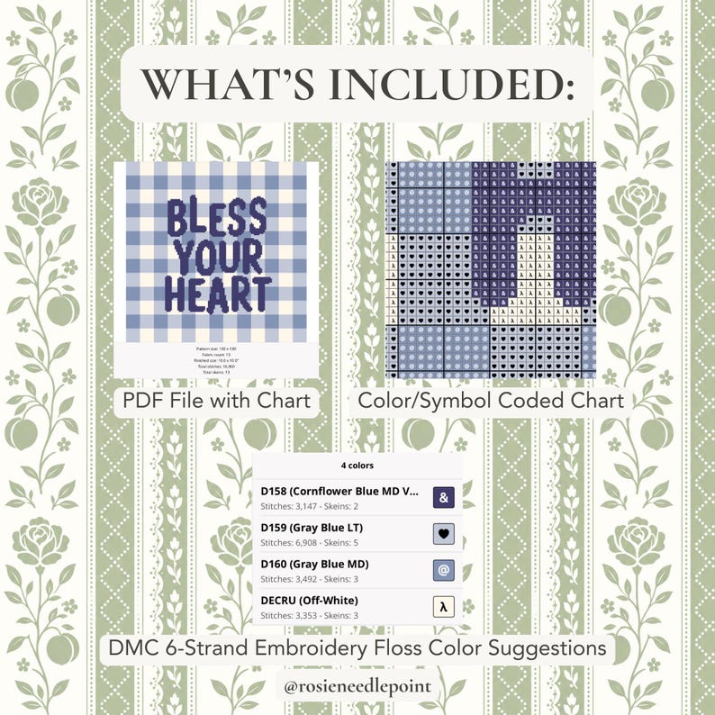 May include: A digital cross-stitch pattern kit titled Bless Your Heart, featuring a blue gingham background. Includes a PDF file with a color and symbol-coded chart, and a list of four DMC 6-strand embroidery floss color suggestions in shades of blue and off-white.