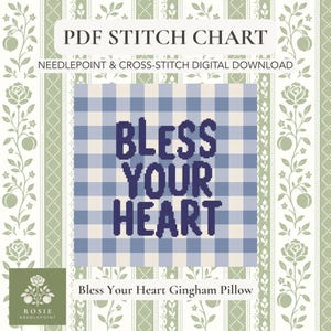 Nålstygnsmönster "Bless Your Heart" i PDF-format | Stygnsdiagram för blått ginghammönster | Nedladdning direkt bild 1