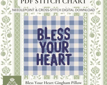 Bless Your Heart Needlepoint Pattern PDF | Blue Gingham Pillow Stitch Chart | Instant Download