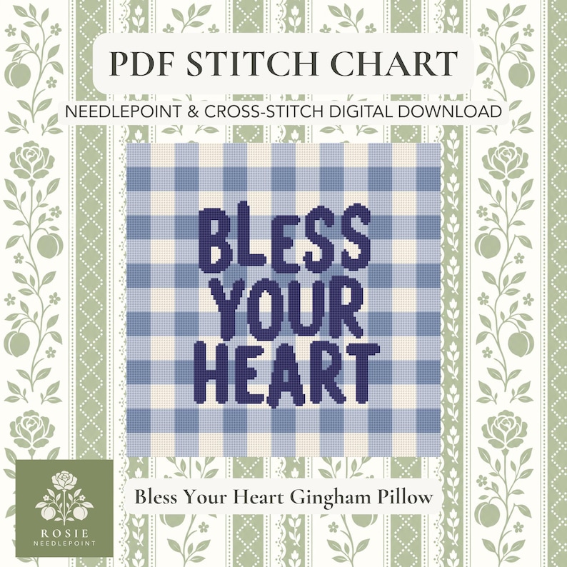 Nålstygnsmönster "Bless Your Heart" i PDF-format | Stygnsdiagram för blått ginghammönster | Nedladdning direkt bild 1