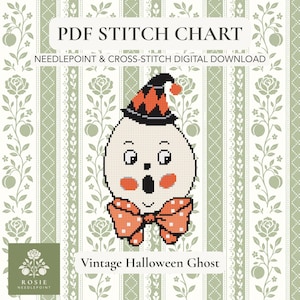 May include: A digital PDF stitch chart for needlepoint and cross-stitch featuring a ghost wearing a black and orange patterned party hat and a large orange polka-dot bow tie. The text reads PDF STITCH CHART, NEEDLEPOINT & CROSS-STITCH DIGITAL DOWNLOAD, and Vintage Halloween Ghost.