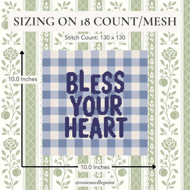 Nålstygnsmönster "Bless Your Heart" i PDF-format | Stygnsdiagram för blått ginghammönster | Nedladdning direkt bild 2