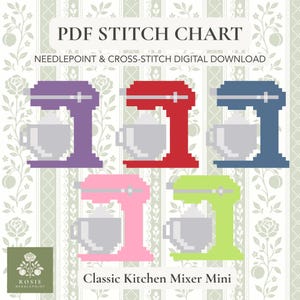 May include: A digital PDF stitch chart for needlepoint and cross-stitch featuring five pixel-art kitchen mixers in purple, red, blue, pink, and lime green. Each mixer includes a light grey mixing bowl. The text reads PDF STITCH CHART, NEEDLEPOINT & CROSS-STITCH DIGITAL DOWNLOAD, and Classic Kitchen Mixer Mini.